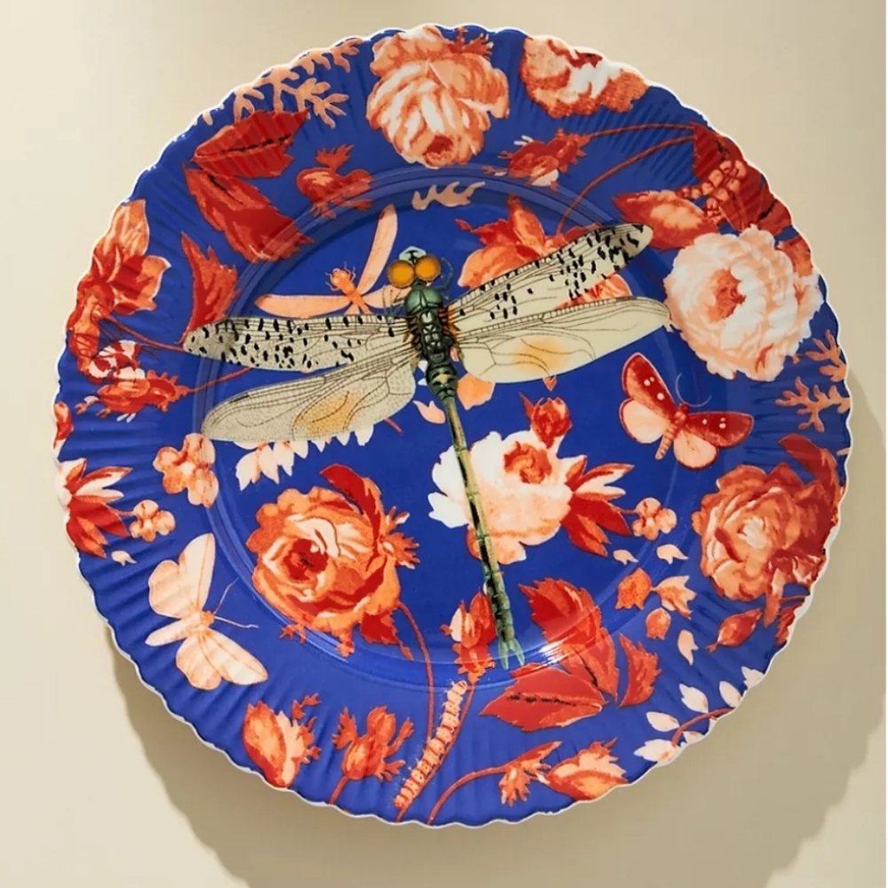 Anthropologie Athalia Dessert Plate - "Dragonfly" - blue/red